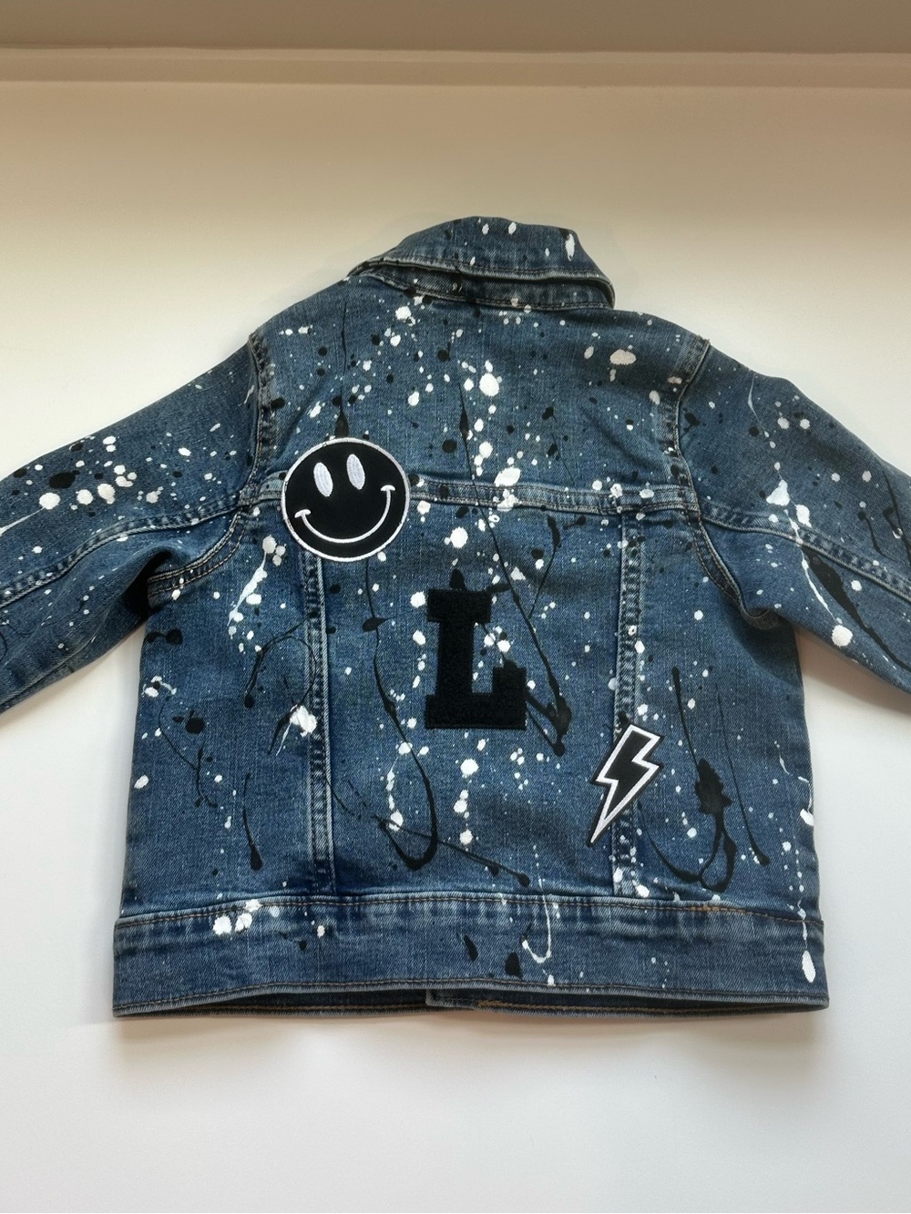 Paint Splatter Denim Jean Jacket Custom “L” Initial Smiley Patch Unisex Size 3T